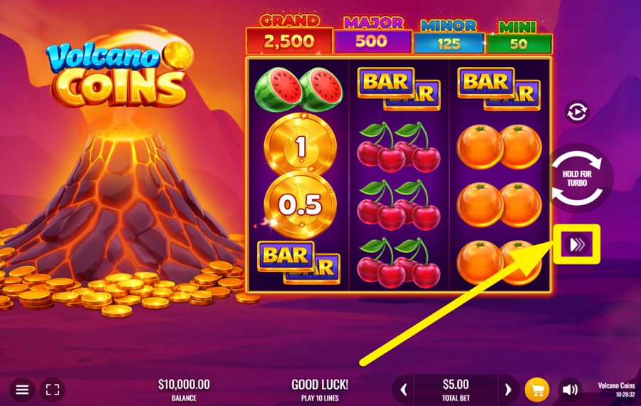 Volcano Coins ゲームのスピードを上げよう。