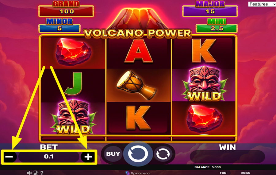 Volcano Power Hold and Hit 3X3 DETERMINA EL MONTO DE LA APUESTA.