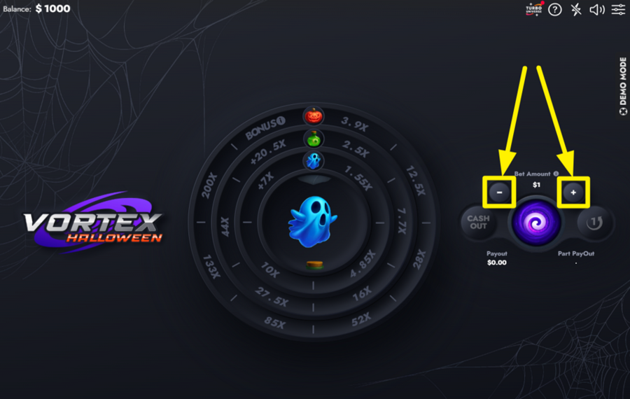 Vortex Halloween AJUSTAR EL IMPORTE DE LA APUESTA.
