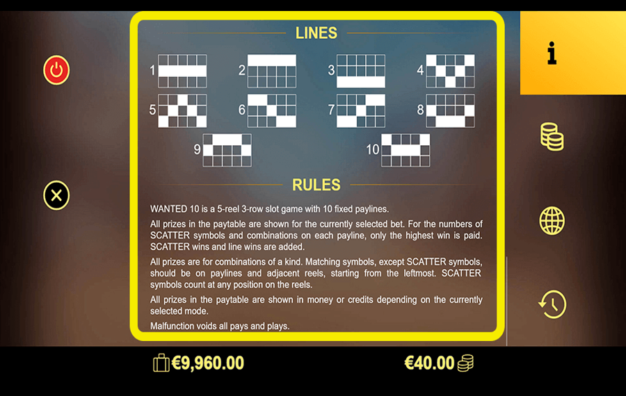 Wanted 10 Wählen Sie die Gewinnlinien.