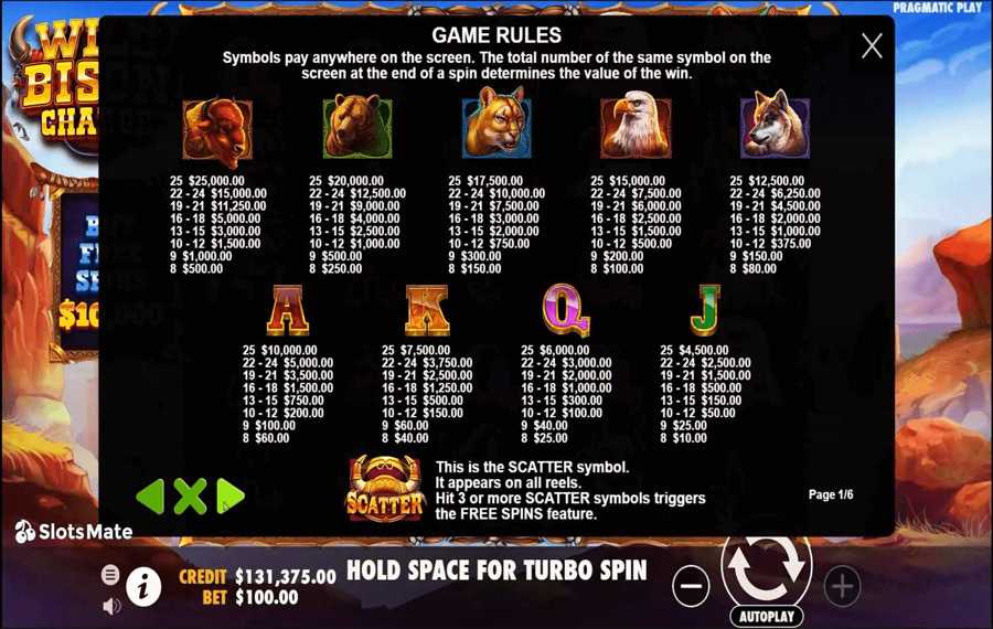 Wild Bison Charge Wählen Sie die Gewinnlinien.