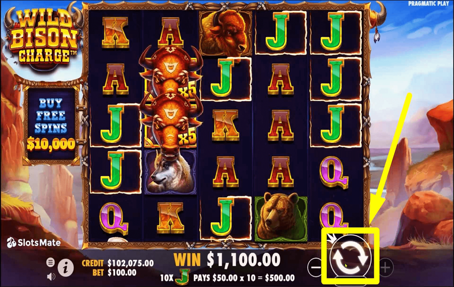 Wild Bison Charge Klicken/tippen Sie auf die Schaltfläche „Drehen“.