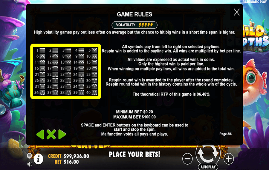 Wild Depths Choose the paylines.