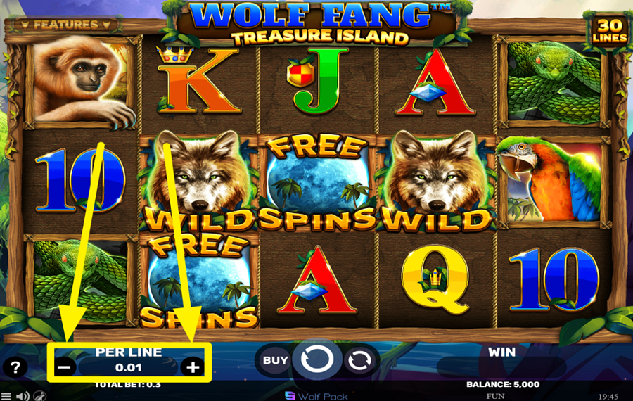 Wolf Fang Treasure Island DETERMINE THE BET PER LINE.