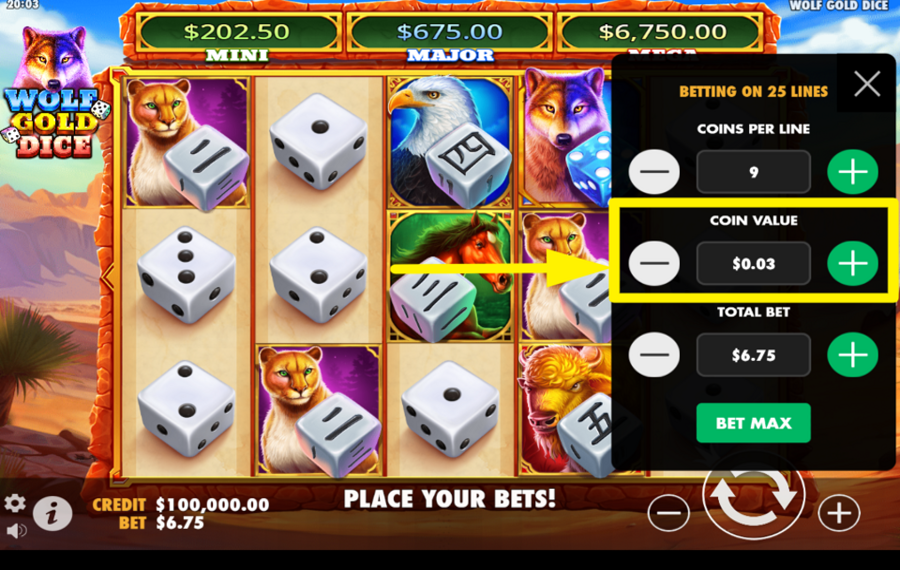 Wolf Gold Dice AJUSTAR EL VALOR DE LA MONEDA.