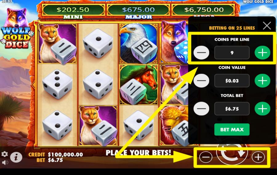 Wolf Gold Dice SELECCIONA MONEDAS POR LÍNEA.