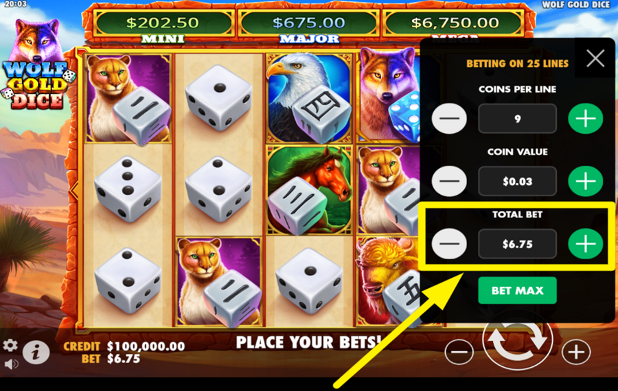 Wolf Gold Dice MODIFICAR LA APUESTA TOTAL.