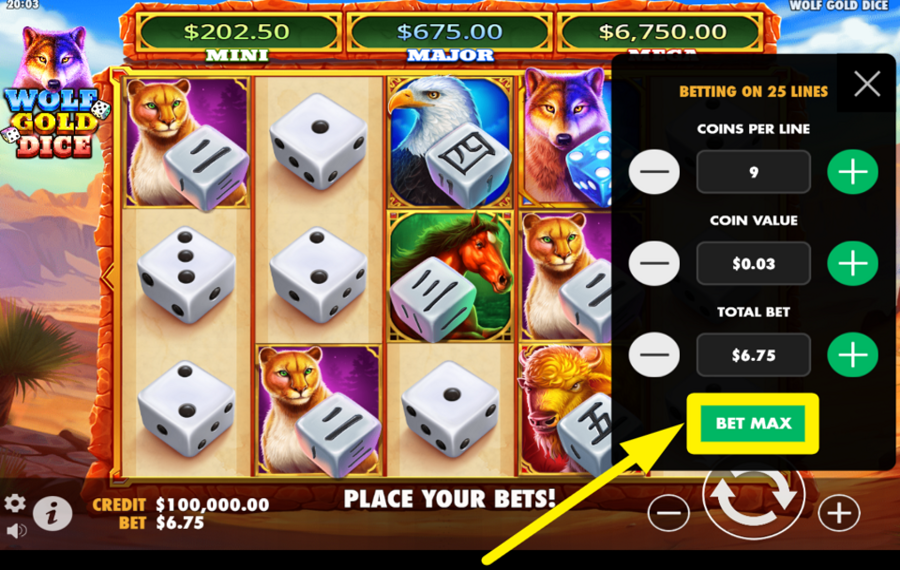 Wolf Gold Dice AJUSTA LA APUESTA AL MÁXIMO.