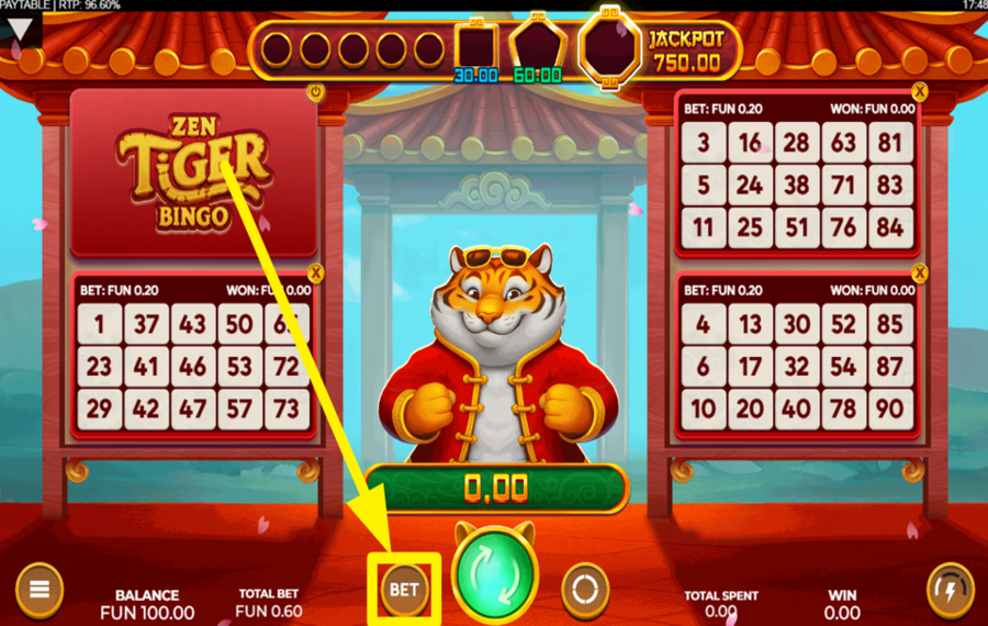 Zen Tiger Bingo SPECIFICA LA TUA SCOMMESSA E LE TUE CARTE.