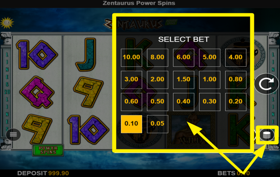 Zentaurus Power Spins CHOOSE THE TOTAL BET.