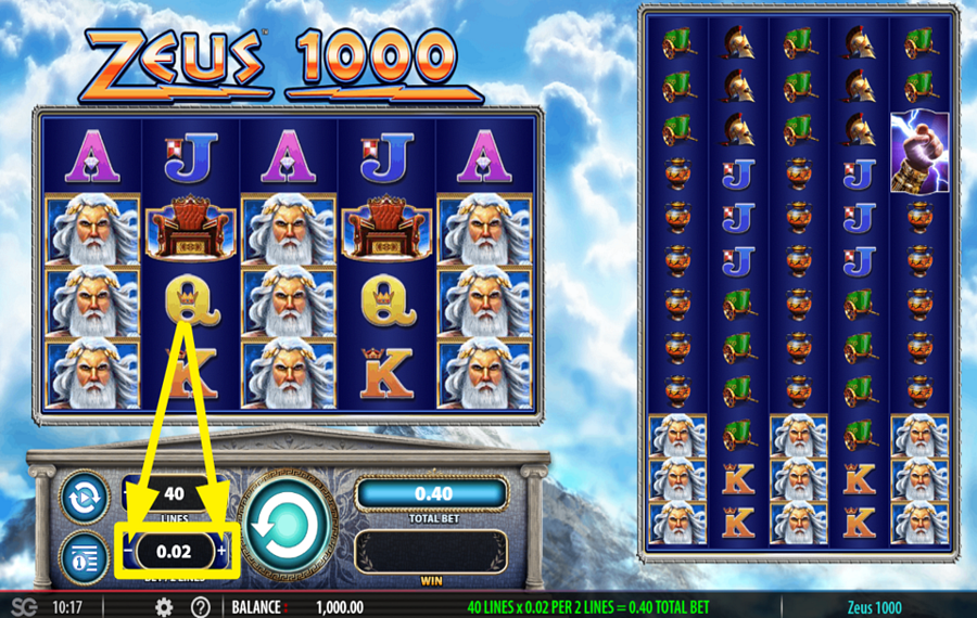 Zeus 1000 УСТАНОВИТЕ СВОЮ СТАВКУ НА ДВЕ ЛИНИИ.