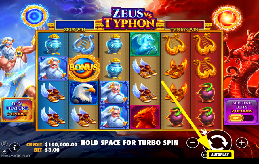 Zeus vs Typhon EMPLOY THE AUTOMATIC SPINS.