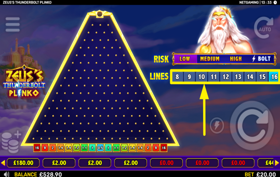 Zeuss Thunderbolt Plinko УСТАНОВИТЕ КОЛИЧЕСТВО ЛИНИЙ.
