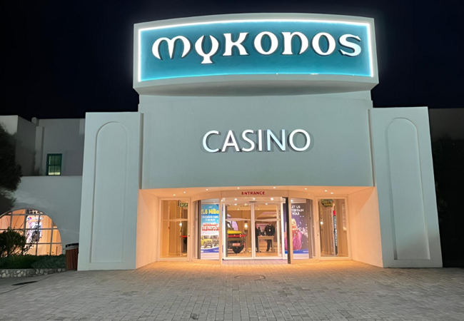 mykonos casino entrance night 