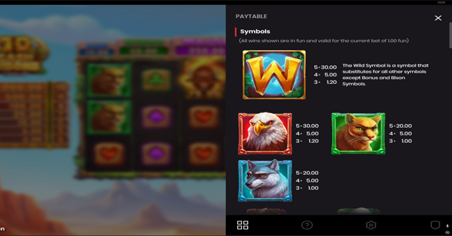 10 cash bisons paytable 1 paytable