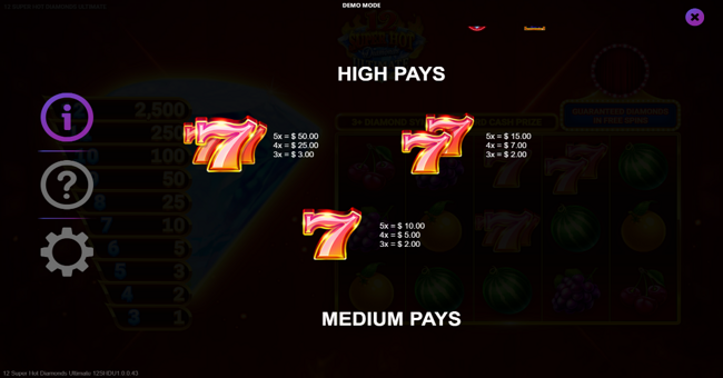 12 super hot diamonds ultimate paytable 1 paytable