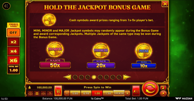 16 coins paytable paytable