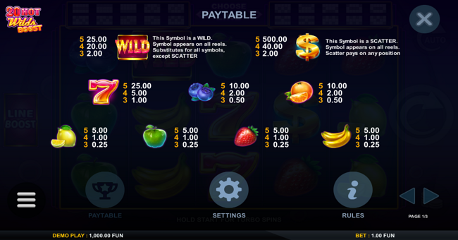 20 hot wilds boost paytable paytable