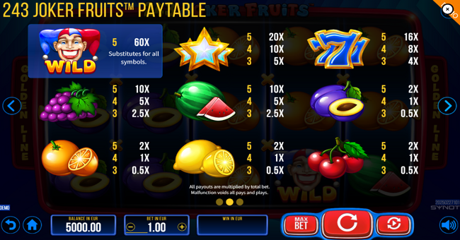 243 joker fruits paytable paytable