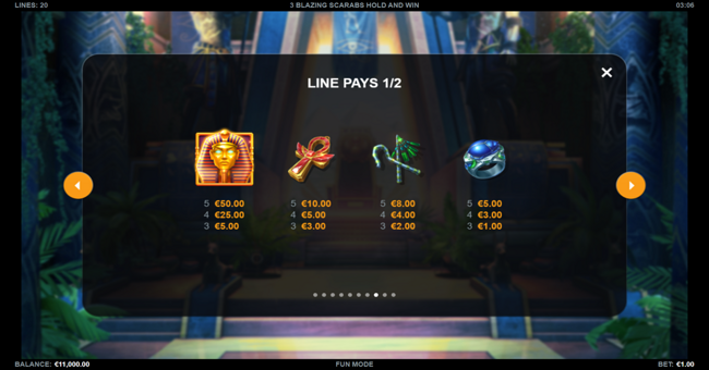 3 blazing scarabs hold and win paytable 1 paytable