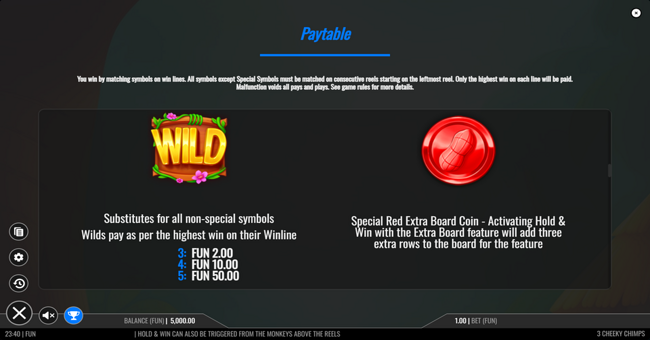3 cheeky chimps paytable 1 paytable