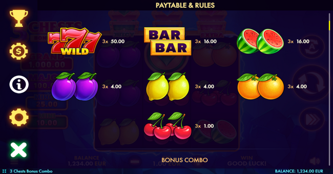 3 chests bonus combo paytable paytable