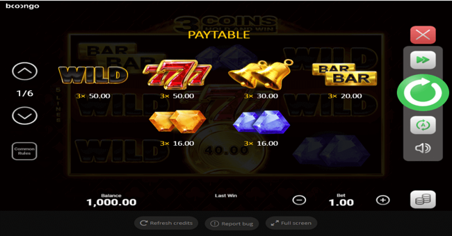 3 coins paytable paytable
