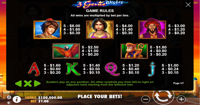 3 genie wishes paytable paytable