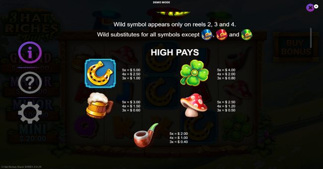 3 hat riches burst paytable 1 paytable