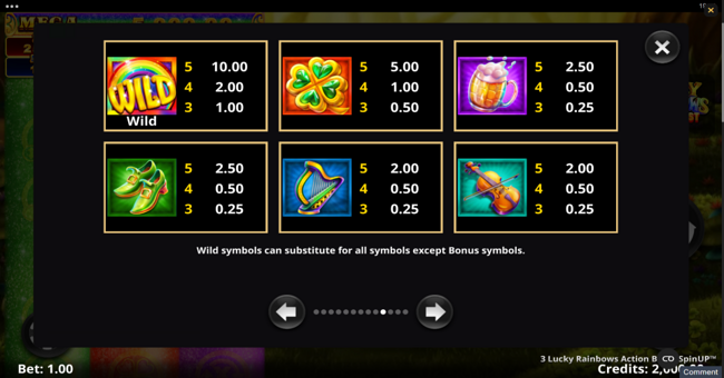 3 lucky rainbows action boost spinup paytable 1 paytable