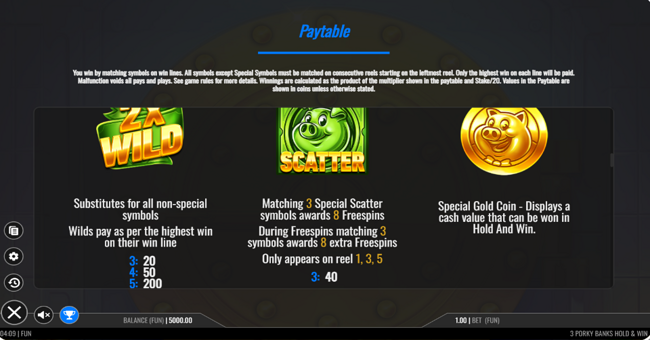 3 porky banks hold and win paytable 1 paytable