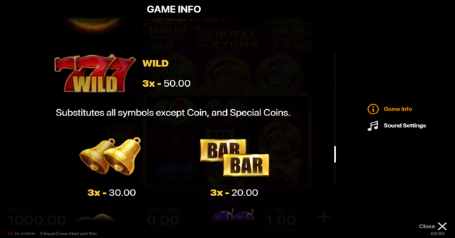 3 royal coins hold and win paytable 1 paytable