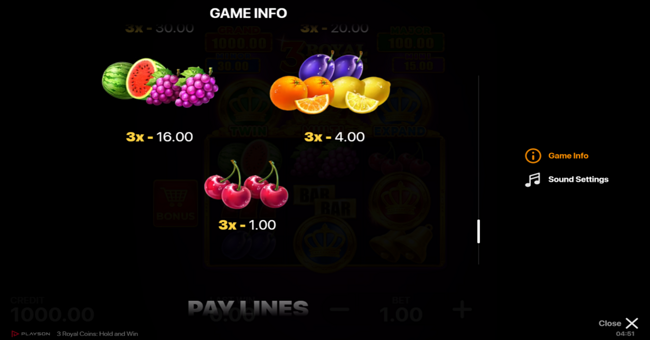 3 royal coins hold and win paytable 2 paytable