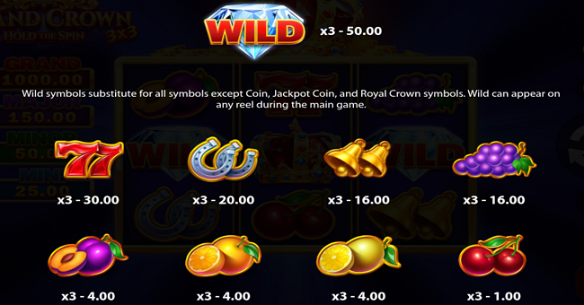3x3 grand crown hold the spin paytable paytable