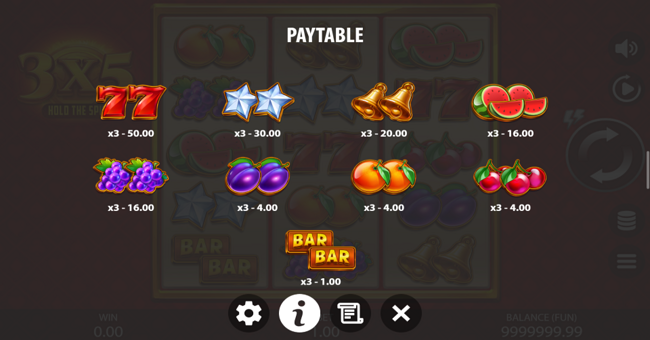 3x5 hold the spin paytable 1 paytable