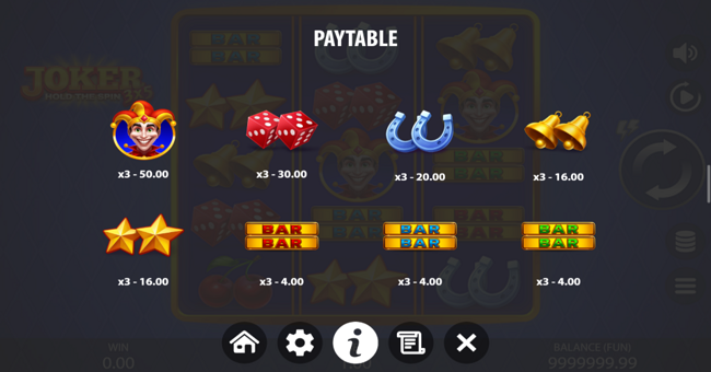 3x5 joker hold the spin paytable 1 paytable