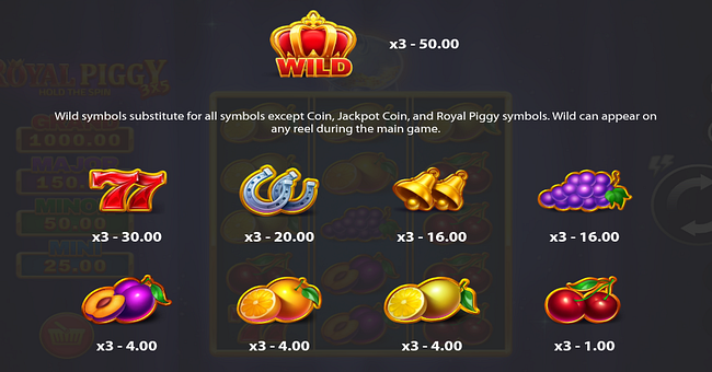 3x5 royal piggy hold the spin paytable paytable