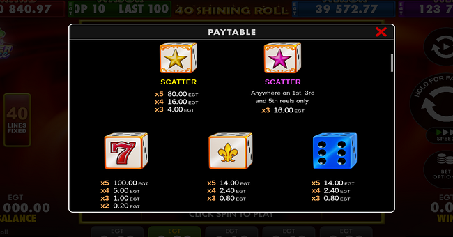 40 shining roll paytable 1 paytable