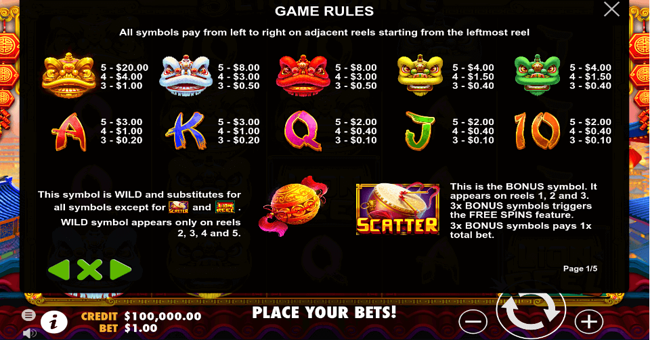 5 lions dance 1 paytable