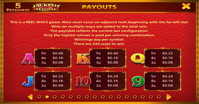 5 treasures jackpot festival paytable 2 paytable