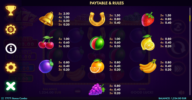 7777 bonus combo paytable paytable