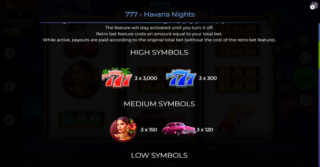 777 havana nights paytable 1 paytable