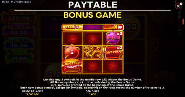 9 dragon balls cash up paytable 2 paytable