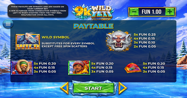 9k wild yeti dream drop paytable 1 paytable