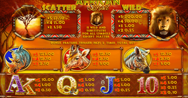 african sunset paytable paytable