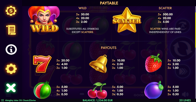 almighty joker 20 classic series paytable paytable