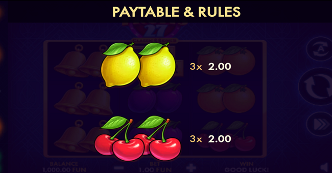 always fruits 27 classic series paytable 5 paytable