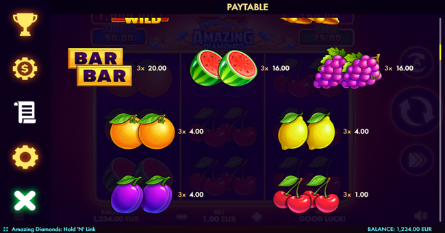 amazing diamonds hold n link paytable 2 paytable