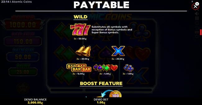 atomic coins running wins paytable paytable