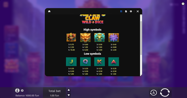 aztecs claw wild dice paytable paytable